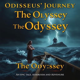 A dramatic scene featuring Odysseus standing resolutely on the deck of a small, ancient Greek ship, his face set with determination as he gazes across the tumultuous open sea