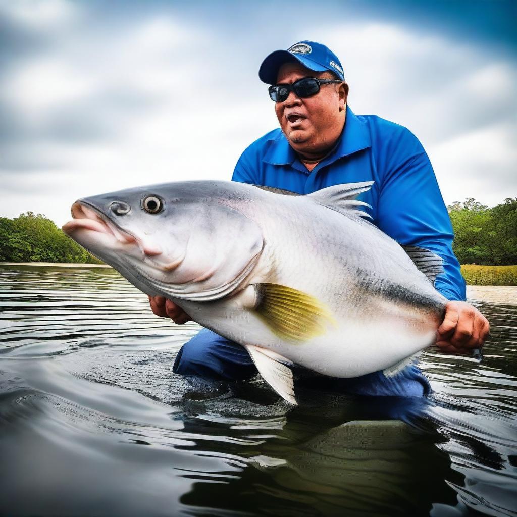 An intrepid angler in the midst of an adrenaline-fueled moment, reeling in the world's largest monster fish, its enormous size and odd features creating ripples of awe among the spectators