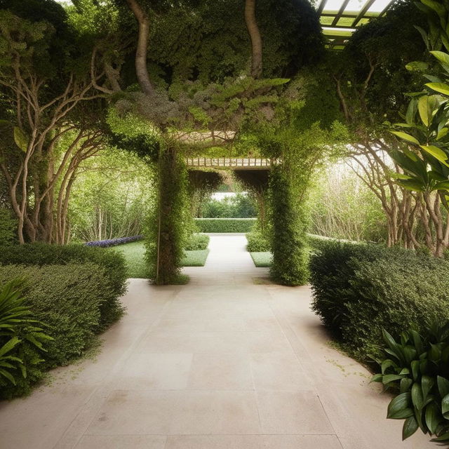 Design a corridor with an open garden area in a royal style