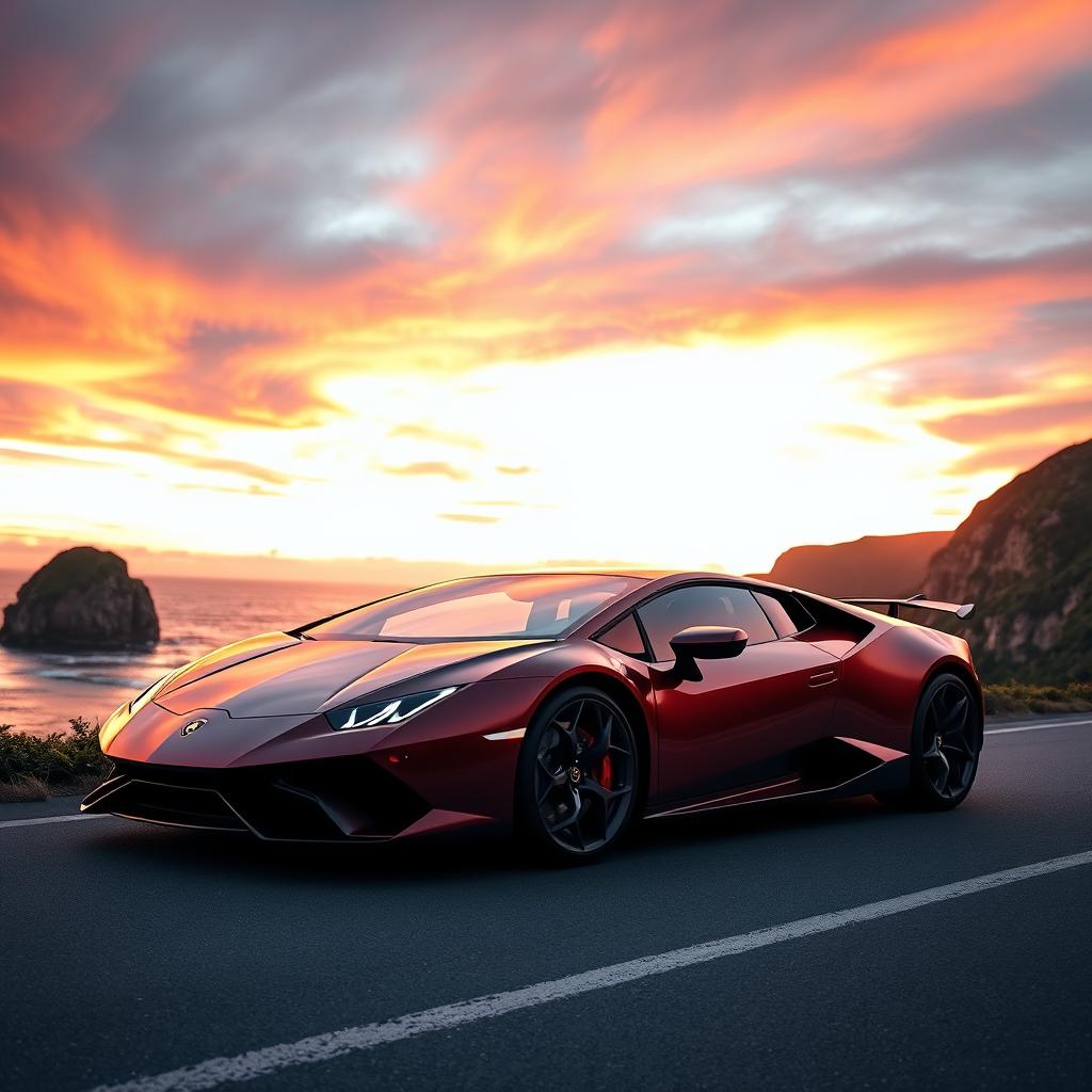 A stunning Lamborghini sports car parked on a coastal road during sunset