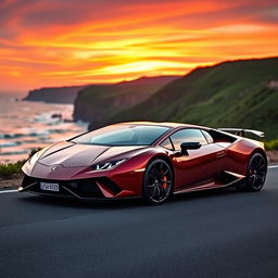 A stunning Lamborghini sports car parked on a coastal road during sunset