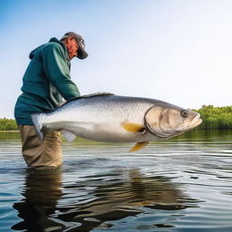 An intrepid angler in the midst of an adrenaline-fueled moment, reeling in the world's largest monster fish, its enormous size and odd features creating ripples of awe among the spectators