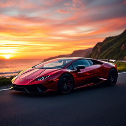 A stunning Lamborghini sports car parked on a coastal road during sunset