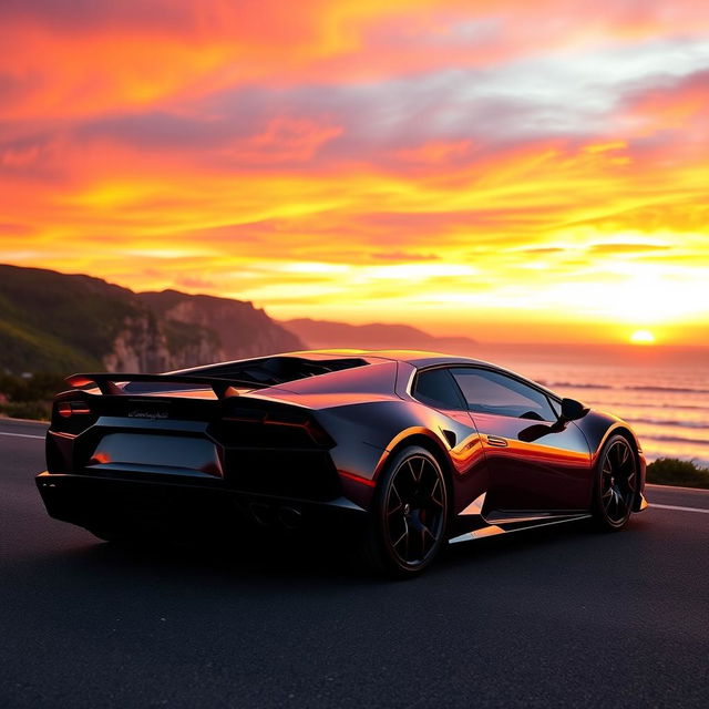 A stunning Lamborghini sports car parked on a coastal road during sunset