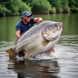 An intrepid angler in the midst of an adrenaline-fueled moment, reeling in the world's largest monster fish, its enormous size and odd features creating ripples of awe among the spectators