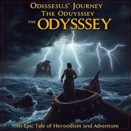 A dramatic scene featuring Odysseus standing resolutely on the deck of a small, ancient Greek ship, his face set with determination as he gazes across the tumultuous open sea