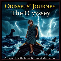 A dramatic scene featuring Odysseus standing resolutely on the deck of a small, ancient Greek ship, his face set with determination as he gazes across the tumultuous open sea
