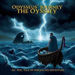 A dramatic scene featuring Odysseus standing resolutely on the deck of a small, ancient Greek ship, his face set with determination as he gazes across the tumultuous open sea