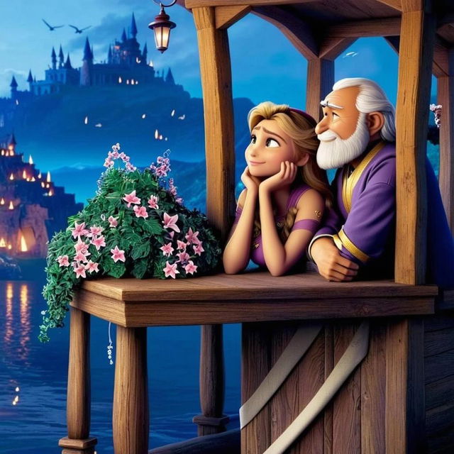 A whimsical, animated scene featuring a young princess with long, flowing blonde hair and a smiling elderly man with a white beard, sitting together on a wooden balcony