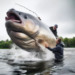 An intrepid angler in the midst of an adrenaline-fueled moment, reeling in the world's largest monster fish, its enormous size and odd features creating ripples of awe among the spectators