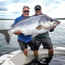 The largest monster fish ever caught - its gargantuan size, eerie features, and intense glare captured in an imposing display, causing awe and fascination among spectators