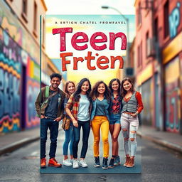 A captivating book cover for a teen fiction novel that features a group of diverse teenage friends standing together on a vibrant city street, each with unique styles representing their personalities