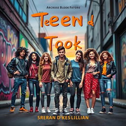 A captivating book cover for a teen fiction novel that features a group of diverse teenage friends standing together on a vibrant city street, each with unique styles representing their personalities