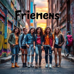 A captivating book cover for a teen fiction novel that features a group of diverse teenage friends standing together on a vibrant city street, each with unique styles representing their personalities