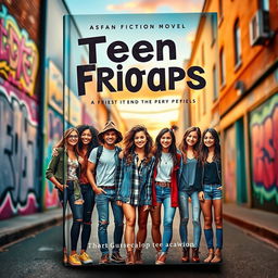 A captivating book cover for a teen fiction novel that features a group of diverse teenage friends standing together on a vibrant city street, each with unique styles representing their personalities