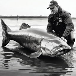 The largest monster fish ever caught - its gargantuan size, eerie features, and intense glare captured in an imposing display, causing awe and fascination among spectators