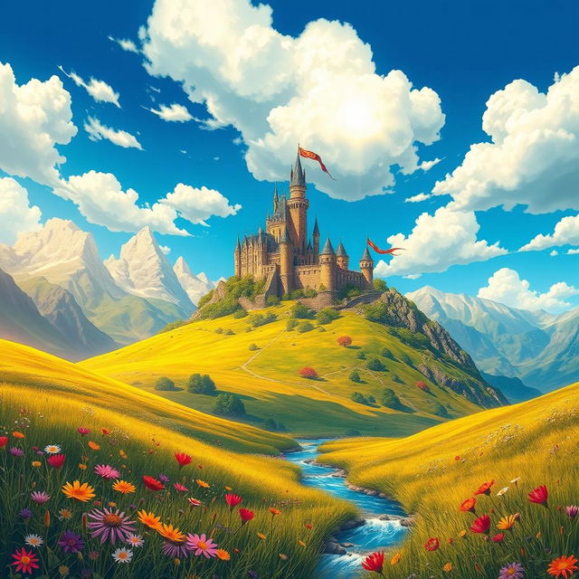 A vibrant and colorful depiction of a fantasy landscape featuring a majestic castle perched on a mountain top surrounded by lush, green valleys