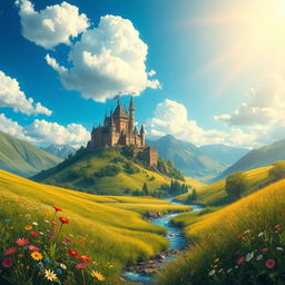 A vibrant and colorful depiction of a fantasy landscape featuring a majestic castle perched on a mountain top surrounded by lush, green valleys