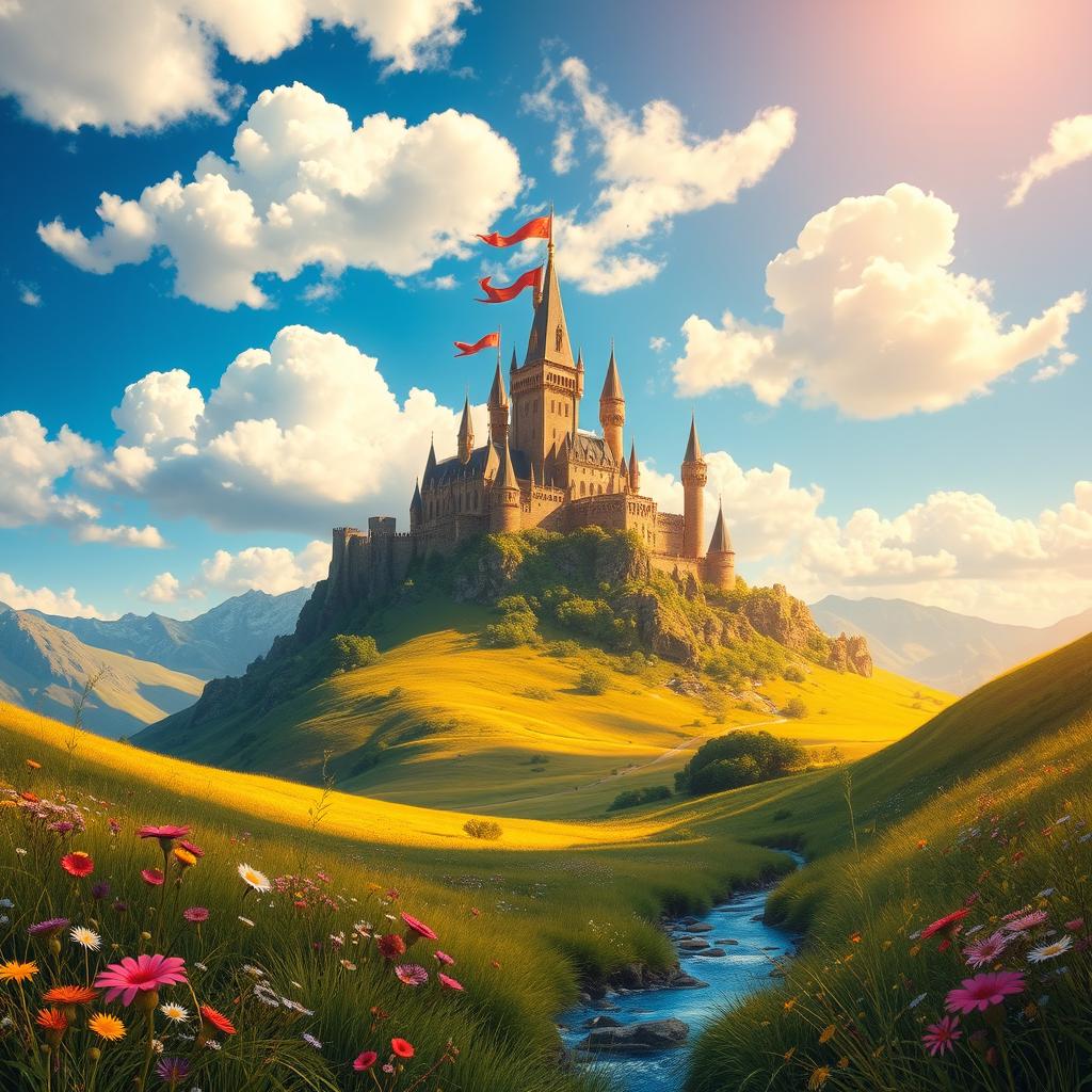 A vibrant and colorful depiction of a fantasy landscape featuring a majestic castle perched on a mountain top surrounded by lush, green valleys