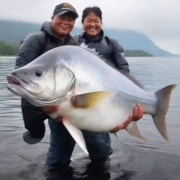 The largest monster fish ever caught - its gargantuan size, eerie features, and intense glare captured in an imposing display, causing awe and fascination among spectators