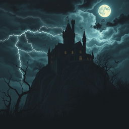 A dark and atmospheric depiction of a haunted castle set on a rocky cliff during a stormy night
