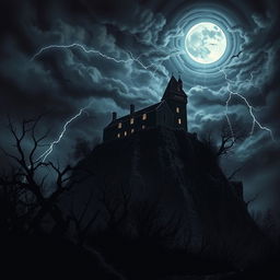 A dark and atmospheric depiction of a haunted castle set on a rocky cliff during a stormy night