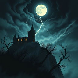 A dark and atmospheric depiction of a haunted castle set on a rocky cliff during a stormy night