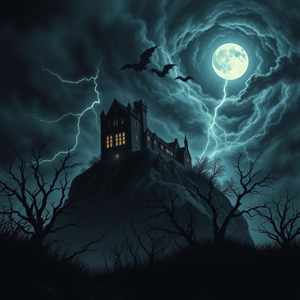 A dark and atmospheric depiction of a haunted castle set on a rocky cliff during a stormy night