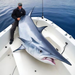 The largest monster swordfish ever caught – its colossal size and fierce appearance frozen in a stunning display, managing to awe and fascinate observers