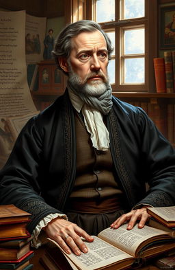 A detailed artistic portrayal of Vuk Karadžić, the famed Serbian philologist and linguist, showcasing him in traditional 19th-century Serbian clothing