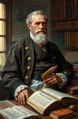 A detailed artistic portrayal of Vuk Karadžić, the famed Serbian philologist and linguist, showcasing him in traditional 19th-century Serbian clothing