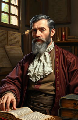 A detailed artistic portrayal of Vuk Karadžić, the famed Serbian philologist and linguist, showcasing him in traditional 19th-century Serbian clothing