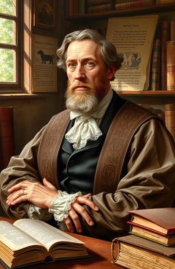 A detailed artistic portrayal of Vuk Karadžić, the famed Serbian philologist and linguist, showcasing him in traditional 19th-century Serbian clothing