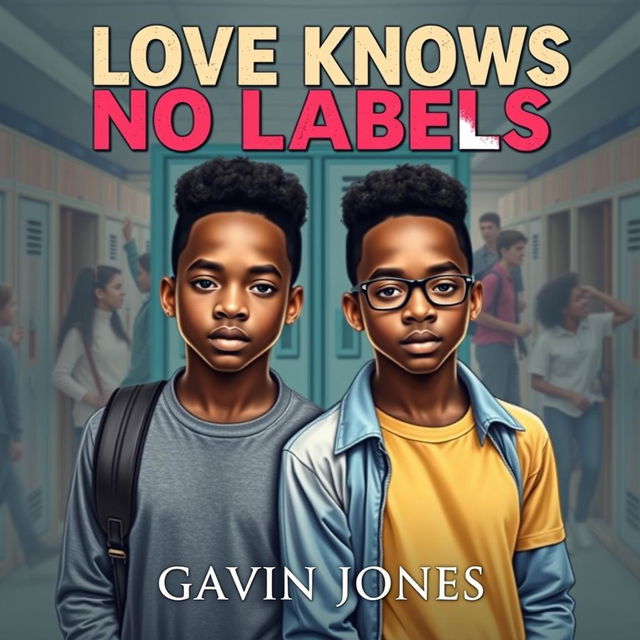 An engaging book cover for the teen fiction novel 'Love Knows No Labels' by Gavin Jones, featuring two identical 17-year-old African American twin boys, Dean and Damien