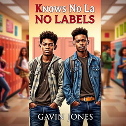 An engaging book cover for the teen fiction novel 'Love Knows No Labels' by Gavin Jones, featuring two identical 17-year-old African American twin boys, Dean and Damien