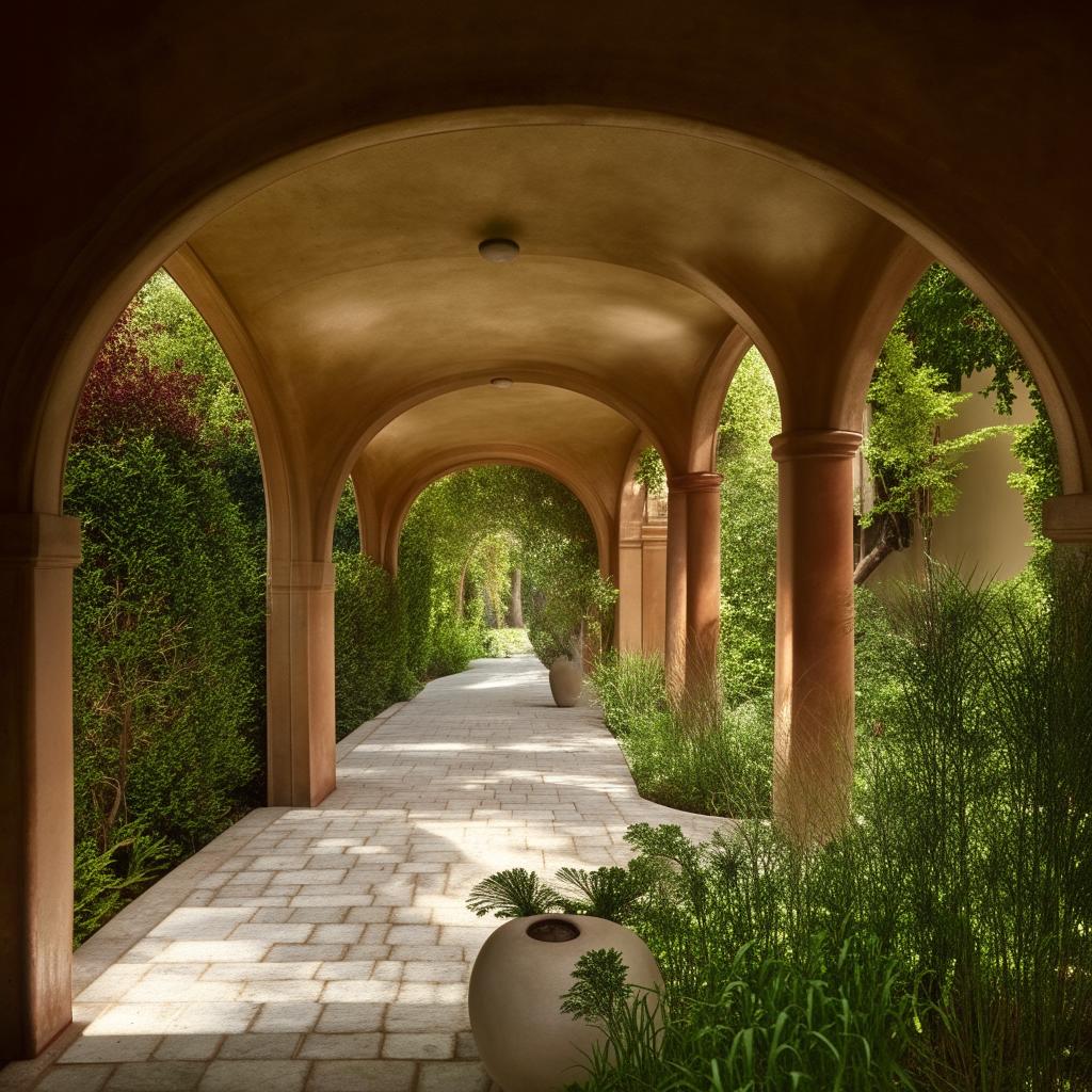 Design a corridor with an open garden area in a royal style