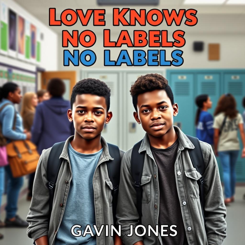 An engaging book cover for the teen fiction novel 'Love Knows No Labels' by Gavin Jones, featuring two identical 17-year-old African American twin boys, Dean and Damien