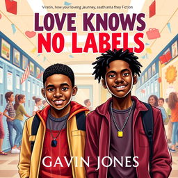 An engaging book cover for the teen fiction novel 'Love Knows No Labels' by Gavin Jones, featuring two identical 17-year-old African American twin boys, Dean and Damien