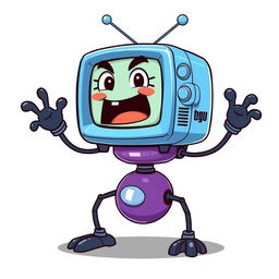 A cartoonish robot inspired by Peppino Spaghetti, featuring a vintage blue TV for a head displaying expressive and exaggerated emotions such as surprise, anger, and joy