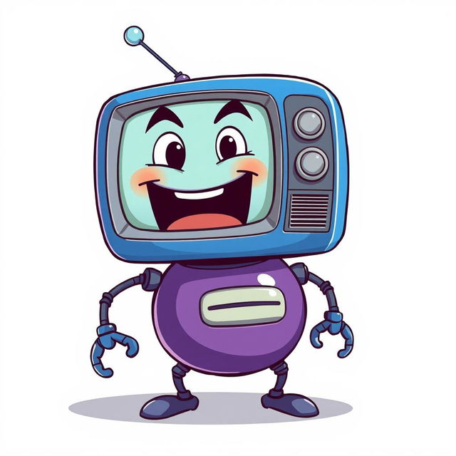 A cartoonish robot inspired by Peppino Spaghetti, featuring a vintage blue TV for a head displaying expressive and exaggerated emotions such as surprise, anger, and joy