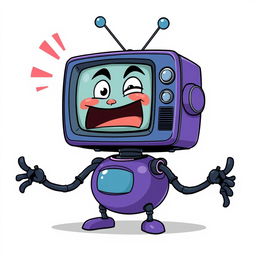 A cartoonish robot inspired by Peppino Spaghetti, featuring a vintage blue TV for a head displaying expressive and exaggerated emotions such as surprise, anger, and joy