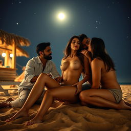 A sensual scene set at a beach shack under a starry night sky, featuring a stunning Pakistani woman with long, graceful legs