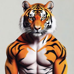 A striking hybrid figure, half-human and half-tiger, with a body that flawlessly merges human features with the striped orange fur and savage grace of a tiger