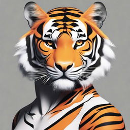 A striking hybrid figure, half-human and half-tiger, with a body that flawlessly merges human features with the striped orange fur and savage grace of a tiger