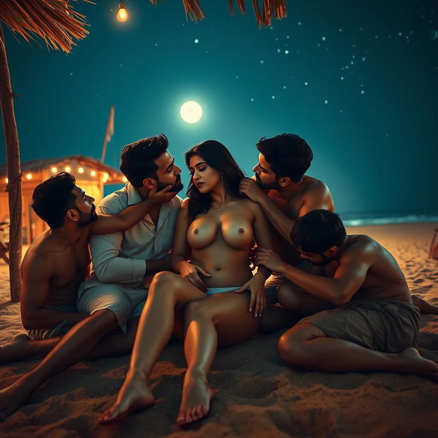 An intimate and artistic scene set at a beach shack under a star-filled night, featuring a beautiful Pakistani woman with long, graceful legs