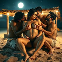 An intimate and artistic scene set at a beach shack under a star-filled night, featuring a beautiful Pakistani woman with long, graceful legs