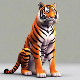 A striking hybrid figure, half-human and half-tiger, with a body that flawlessly merges human features with the striped orange fur and savage grace of a tiger