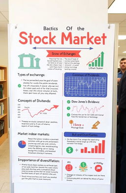 An informative and visually appealing educational poster on the basics of the stock market, featuring a colorful and engaging design