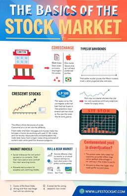 An informative and visually appealing educational poster on the basics of the stock market, featuring a colorful and engaging design
