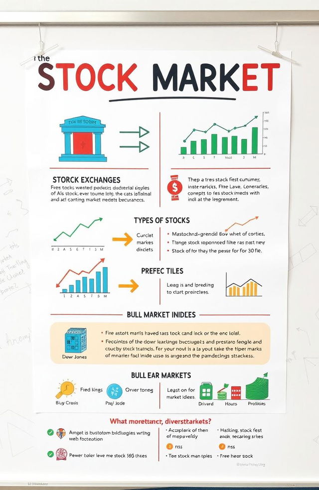 An informative and visually appealing educational poster on the basics of the stock market, featuring a colorful and engaging design